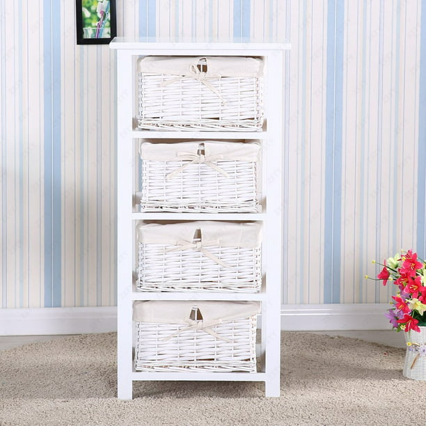 Shabby Chic Wicker Basket Wooden White Bedside Cabinet Table Storage Furniture 